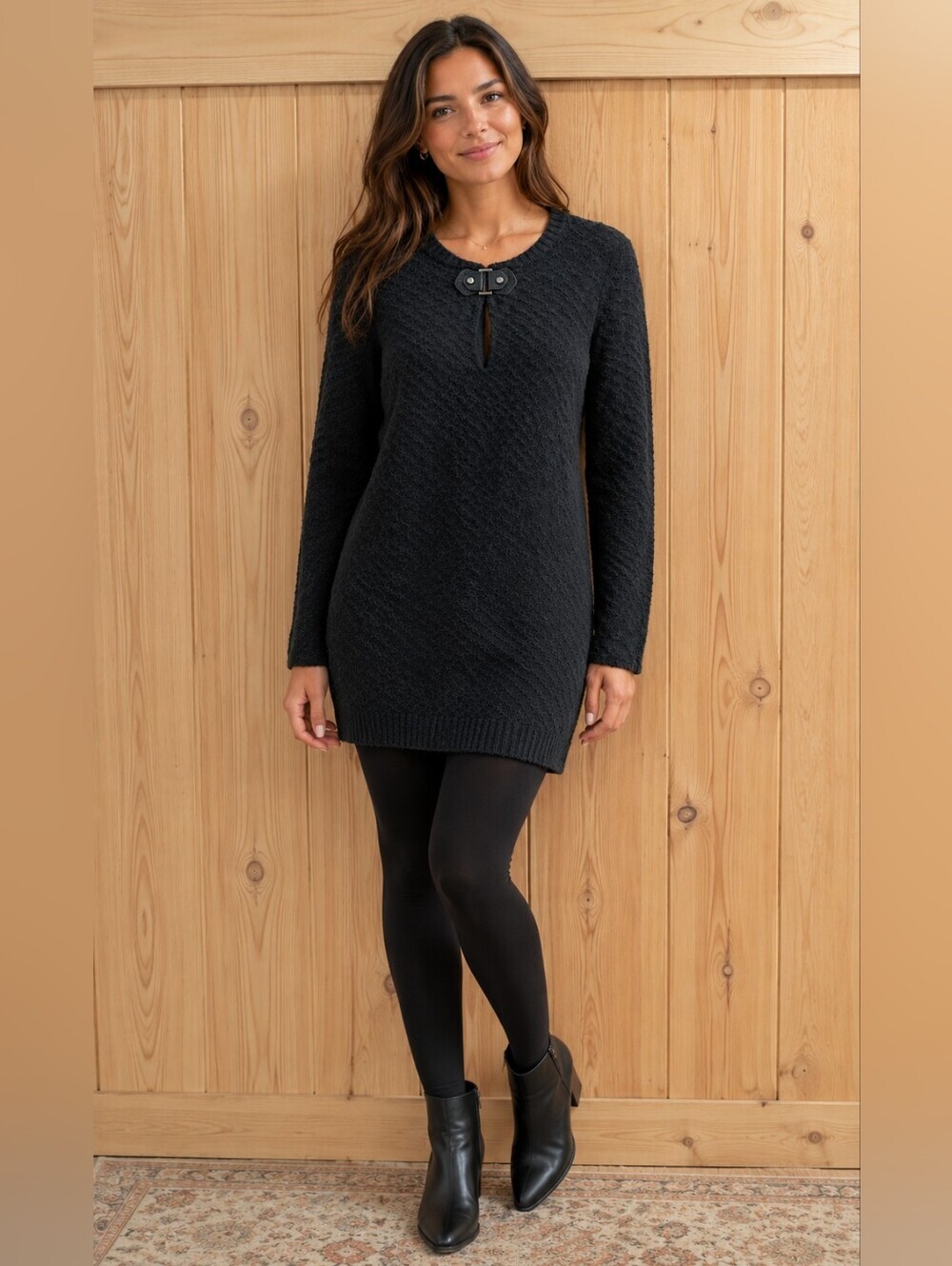 Tory Burch Black Textured Knit Mini Dress with Buckle Keyhole